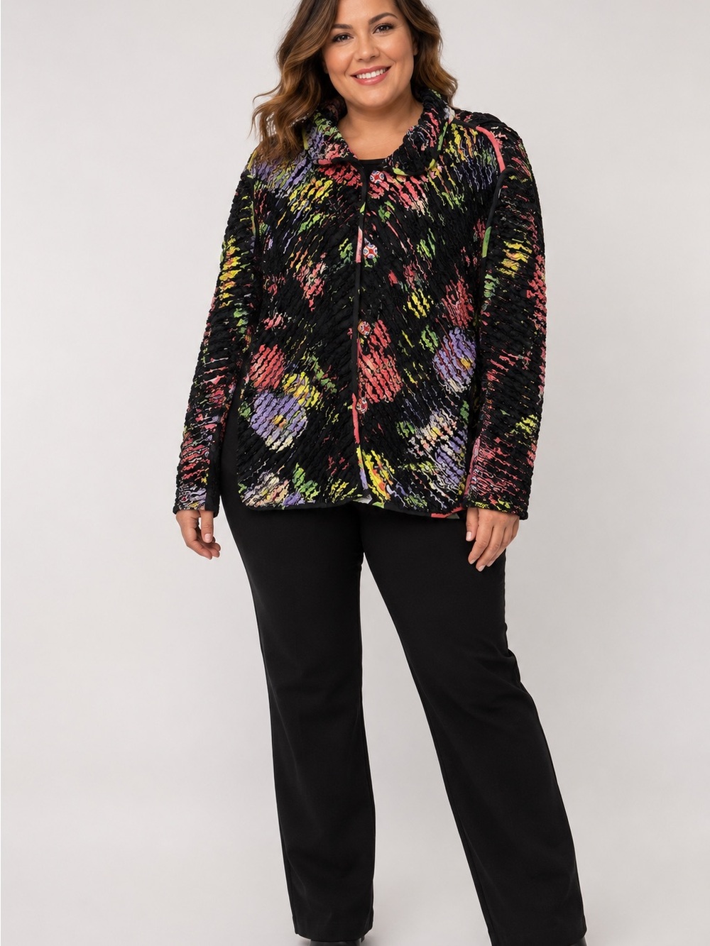 Casual Studio Women’s M/L Black Multicolor Textured Abstract Button-Front Jacket